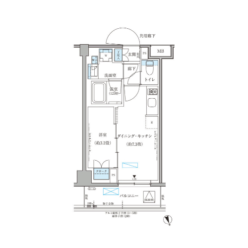 パークアクシス文京本郷(1DK[WC2A-type]：28.64㎡)の間取り画像