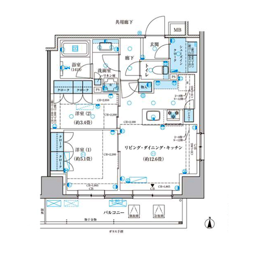 パークアクシス池袋イースト(2LDK[Bタイプ]：53.41㎡)の間取り画像
