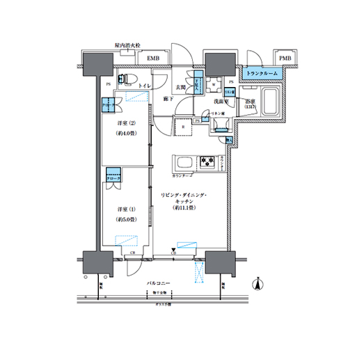 パークアクシス西大島コンフォートスクエア(2LDK[A-H-type]：48.29㎡)の間取り画像