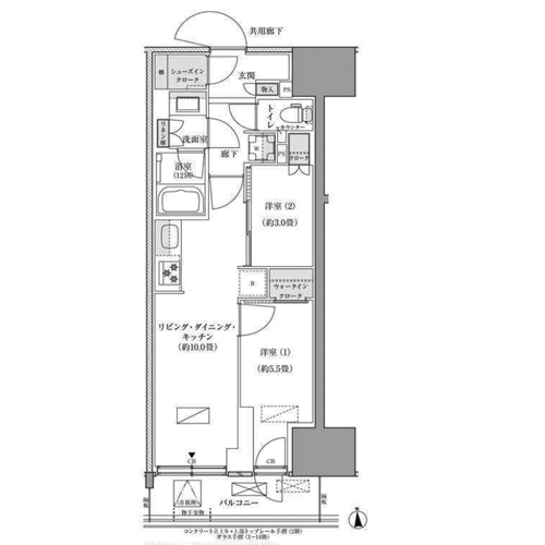 パークアクシス品川天王洲アイル(2LDK[J-type]：45.57㎡)の間取り画像