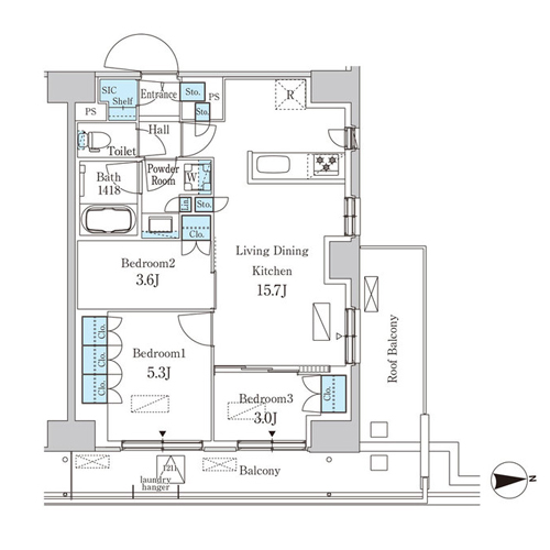 パークアクシス品川天王洲アイル(3LDK[S1r-type]：62.65㎡)の間取り画像